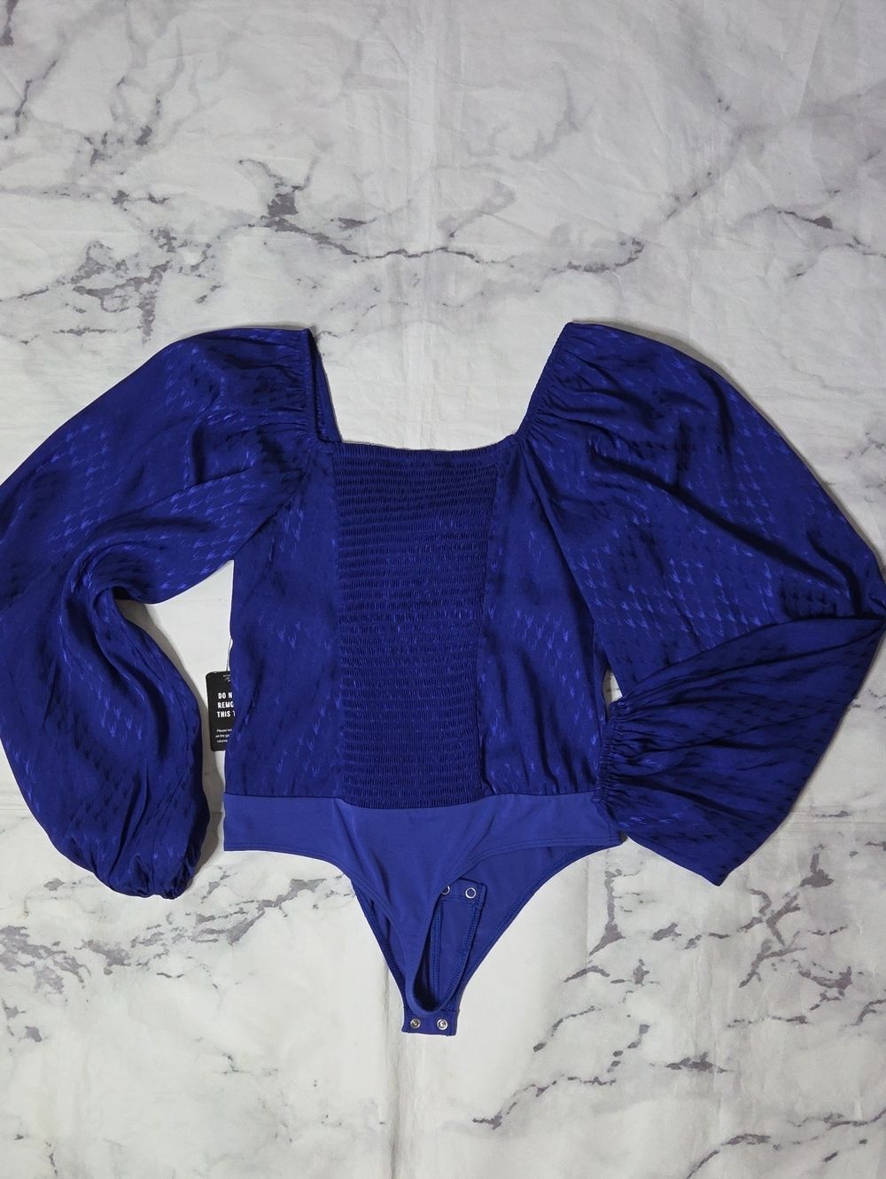 Express Blue Jacquard Tie Front Long Sleeve Body Suit - Picture 6 of 6